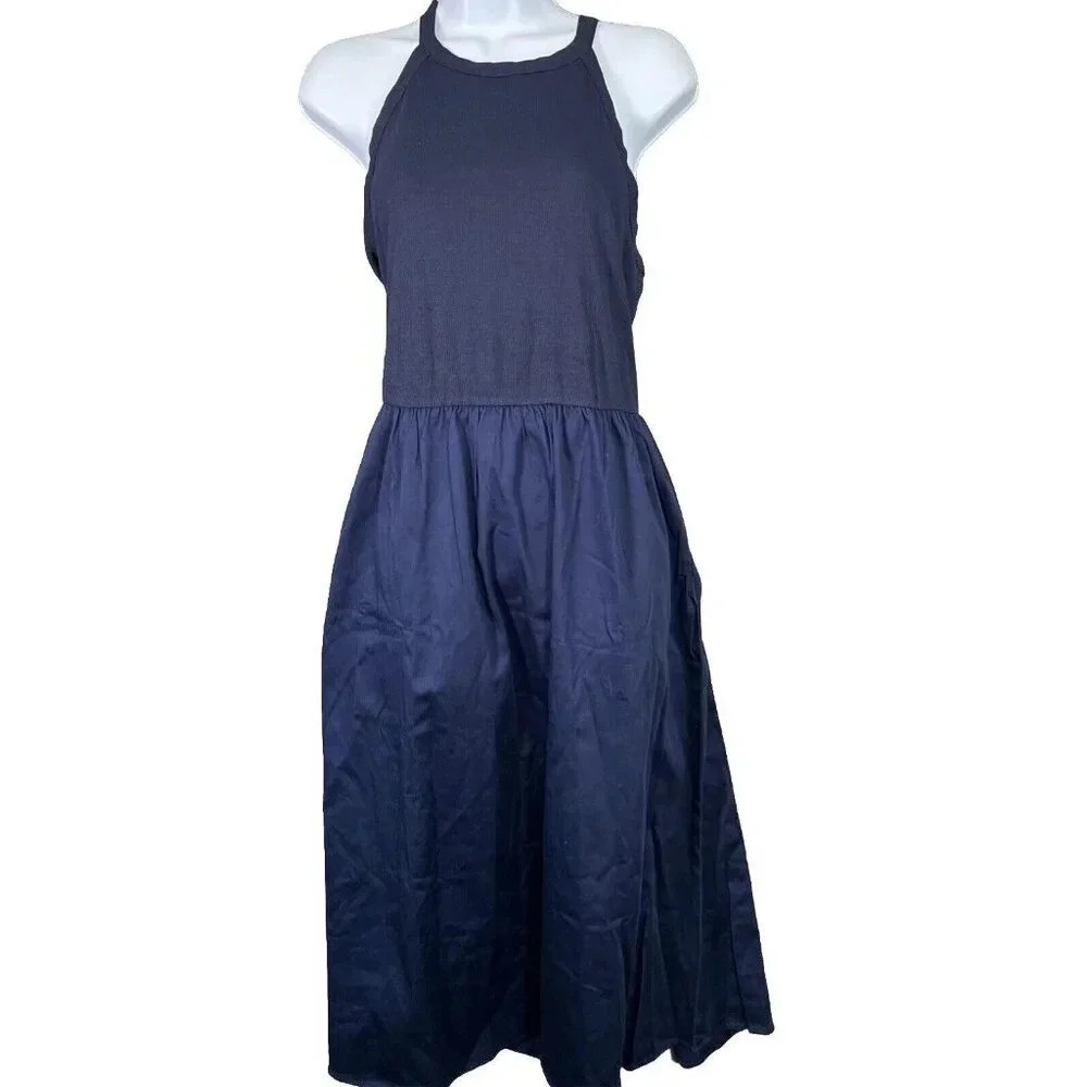 Madison & Berkeley Azalia Halter Dress Womens L Navy Blue New Mixed Media Midi